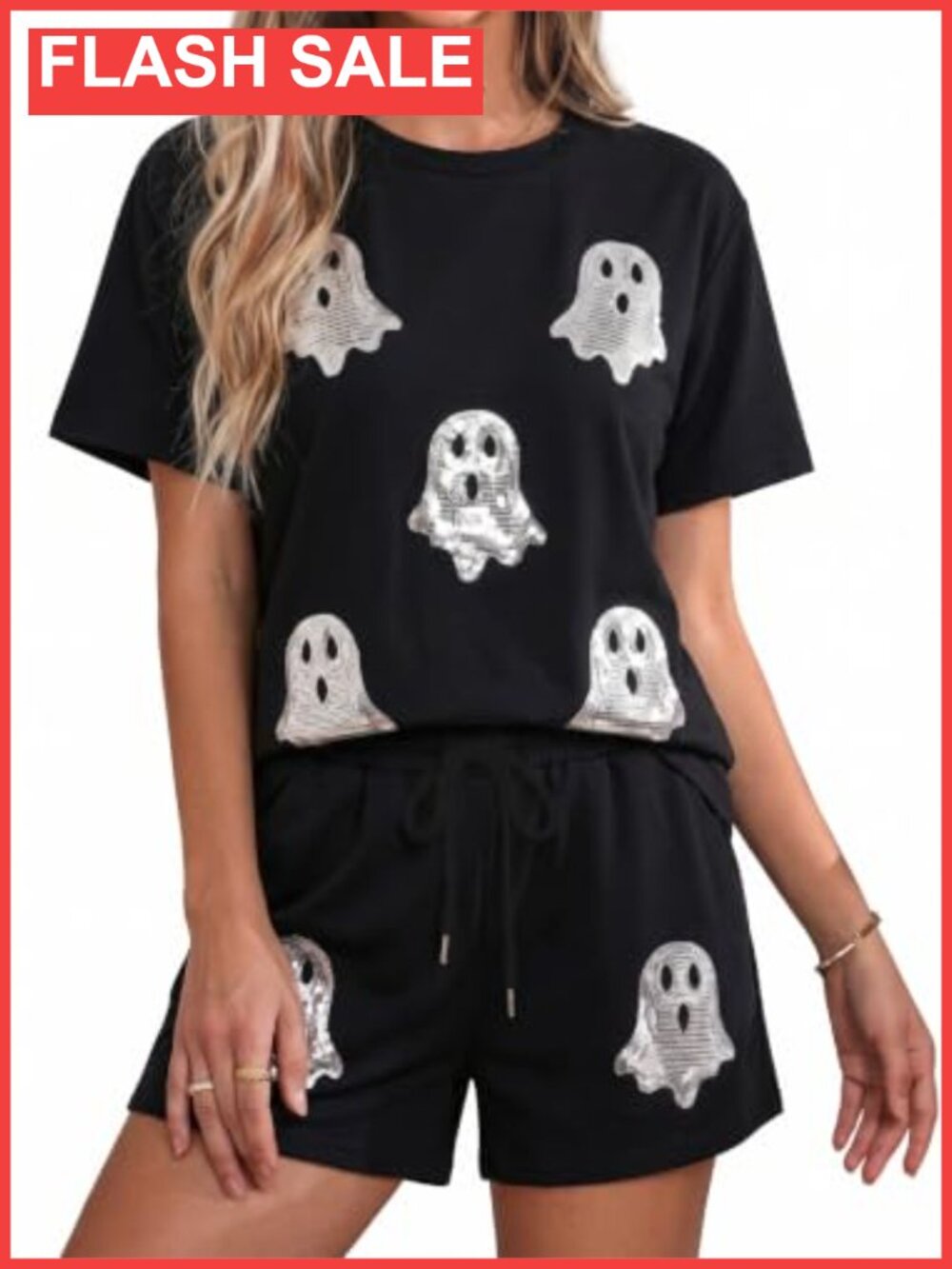2 Piece Sequin Ghost Lounge Set Short Sleeve Tee & Drawstring Shorts